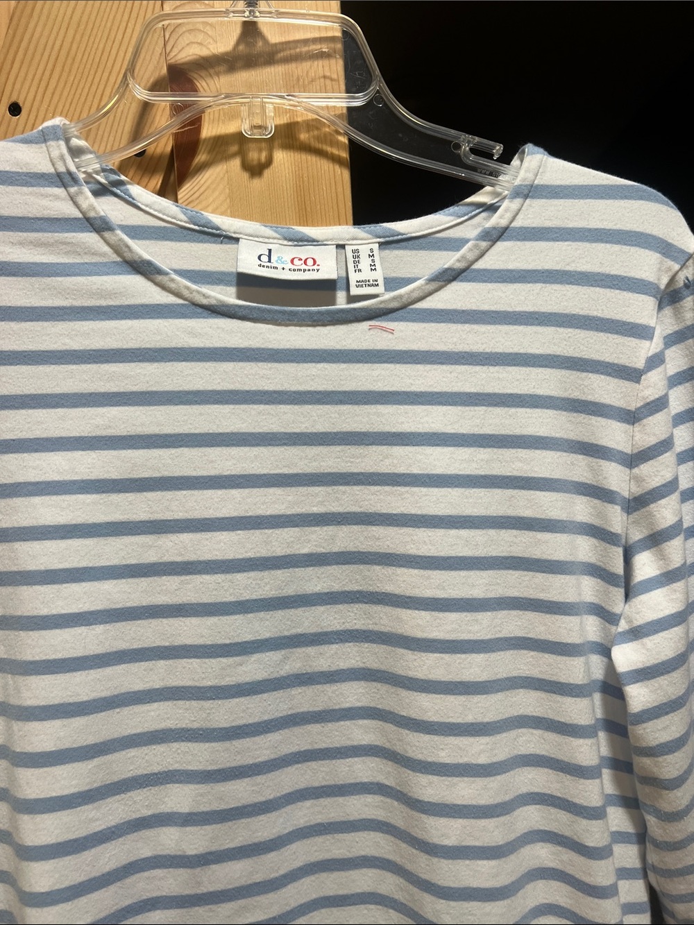 D & Co.Light Blue and White Striped 3/4 lace trimmed sleeves size small